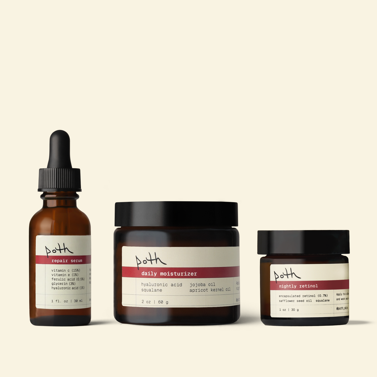 poth collagen support set: repair serum, nightly retinol, 2 oz lipid gel moisturizer
