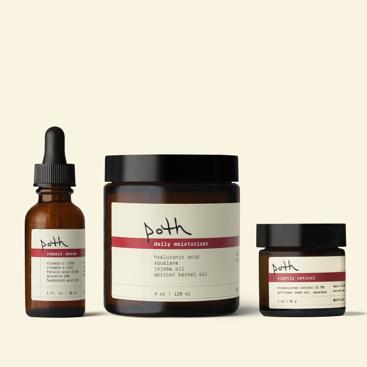 poth collagen support set: repair serum, nightly retinol, 4 oz lipid gel moisturizer