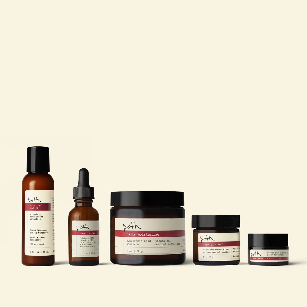 poth complete set: repair serum, depuffing eye cream, nightly retinol, clear gel spf 50, 2 oz lipid gel moisturizer