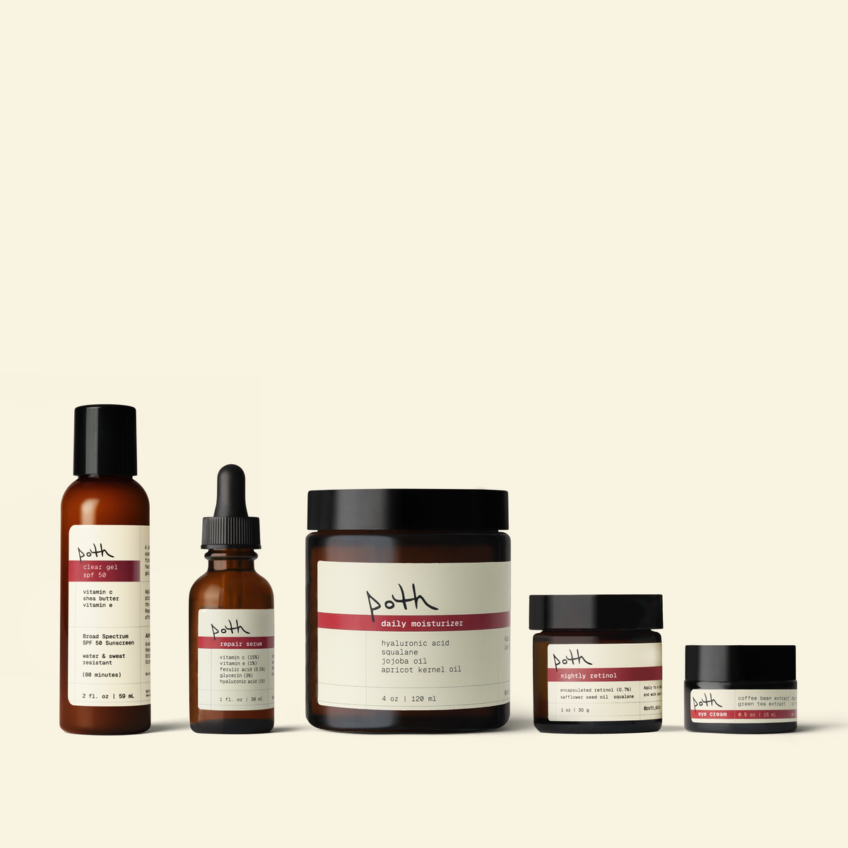 poth complete set: repair serum, depuffing eye cream, nightly retinol, clear gel spf 50, 4 oz lipid gel moisturizer