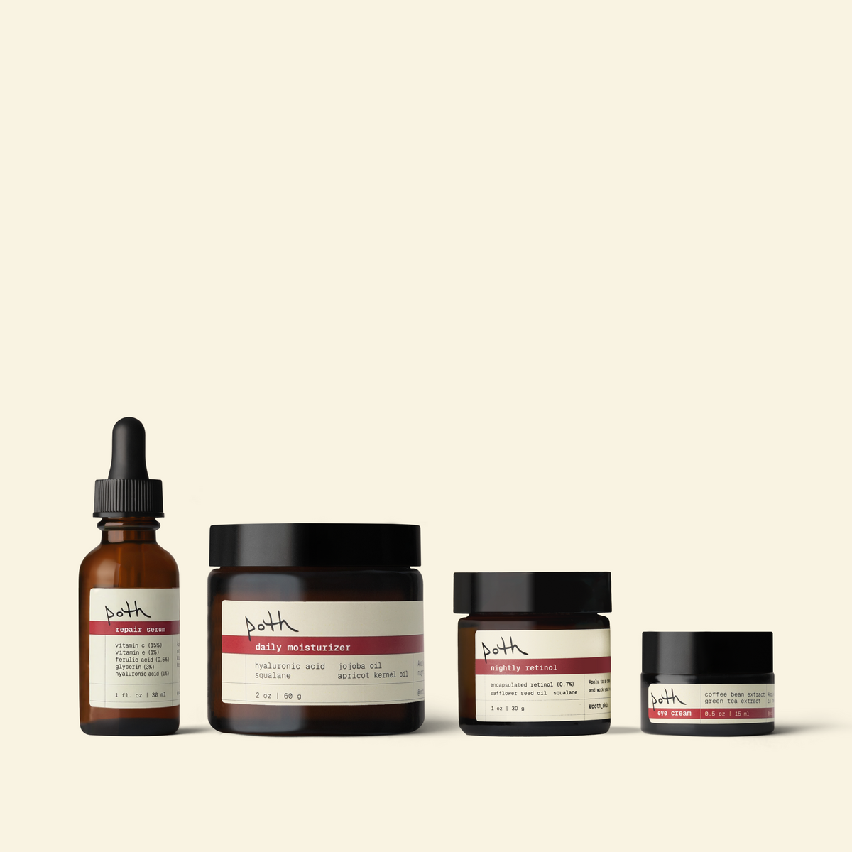 poth day + night set: repair serum, depuffing eye cream, nightly retinol, 2 oz lipid gel moisturizer