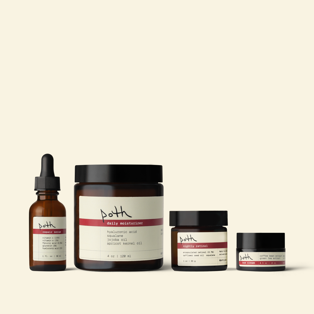 poth day + night set: repair serum, depuffing eye cream, nightly retinol, 4 oz lipid gel moisturizer