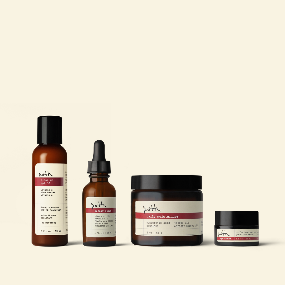 poth daytime set: repair serum, depuffing eye cream, 2 oz lipid gel moisturizer, clear gel spf 50
