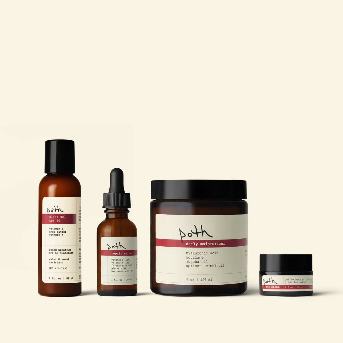 poth daytime set: repair serum, depuffing eye cream, 4 oz lipid gel moisturizer, clear gel spf 50