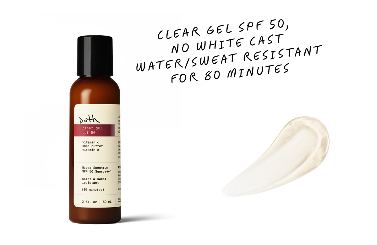 poth clear gel spf 50 bottle beside a swipe of the clear gel. handwritten: clear gel spf 50, no white cast, water/sweat resistant for 80 minutes